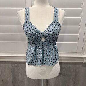 Monteau Blue Geometric Bow Front Cropped Peplum Tank Top Size Med Smocked Back
